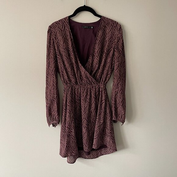 Talula Leafy Print Long Sleeve Lined Casual Surplice Mini Dress Red Cream XXS - Picture 2 of 7